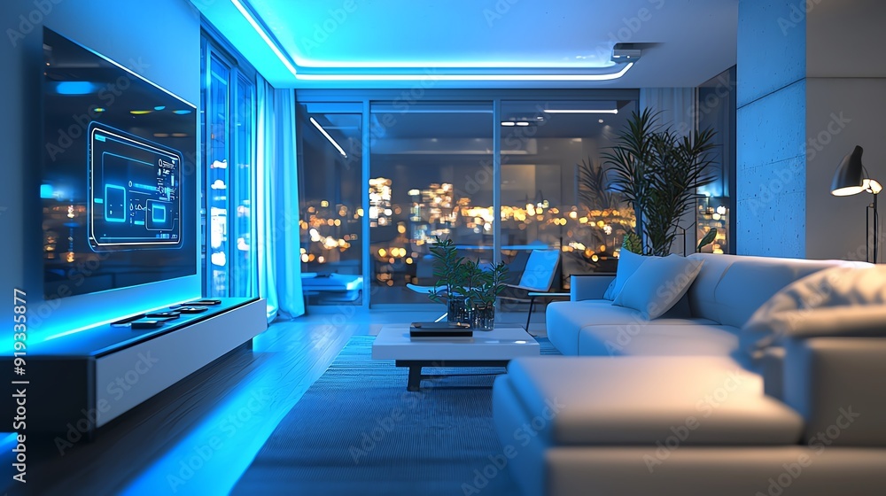 Modern living room with sleek furniture, ambient blue lighting, and a city view through large windows at night. Modern living room with sleek furniture, ambient blue lighting, and a city view through large windows at night.