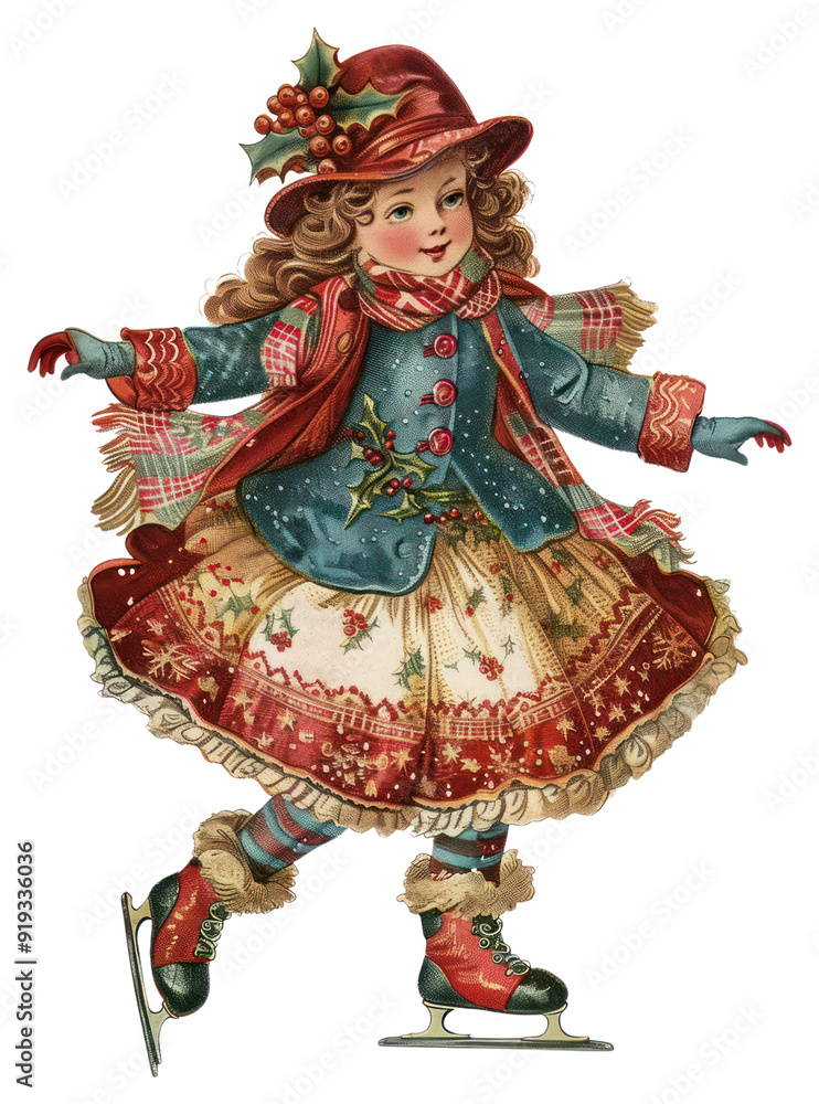 Fototapeta premium PNG Vintage Christmas ice skating girl