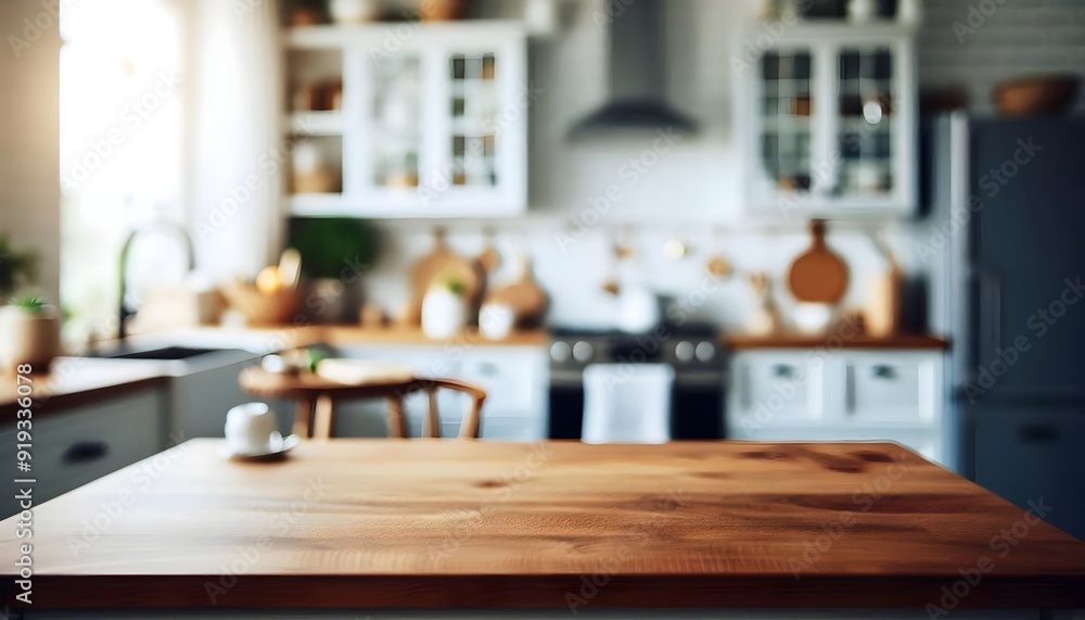 Kitchen Background: a blurred out of focus image of a clean kitchen, and a big wooden table in front of the image Kitchen Background: a blurred out of focus image of a clean kitchen, and a big wooden table in front of the image