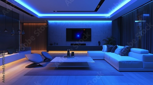 Modern living room with stylish furniture illuminated by blue LED lights, creating a serene and sophisticated atmosphere.