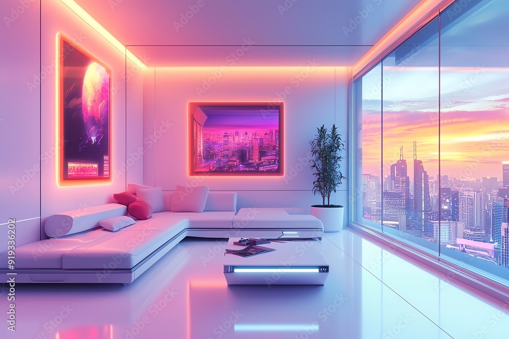 Modern living room with vibrant neon lights, panoramic city view, and sleek furniture, perfect for contemporary interior design. Modern living room with vibrant neon lights, panoramic city view, and sleek furniture, perfect for contemporary interior design.