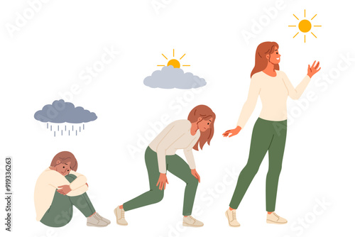 Woman successfully overcomes depression and feels relief after taking antidepressants, located under sun and clouds. Stress or depression in girl is replaced by joy and readiness for new challenges