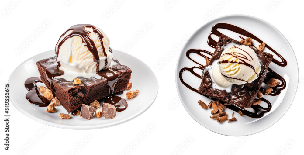 Delicious Plate of Brownie with Vanilla Ice Cream side and top view, isolated on a transparent background Delicious Plate of Brownie with Vanilla Ice Cream side and top view, isolated on a transparent background