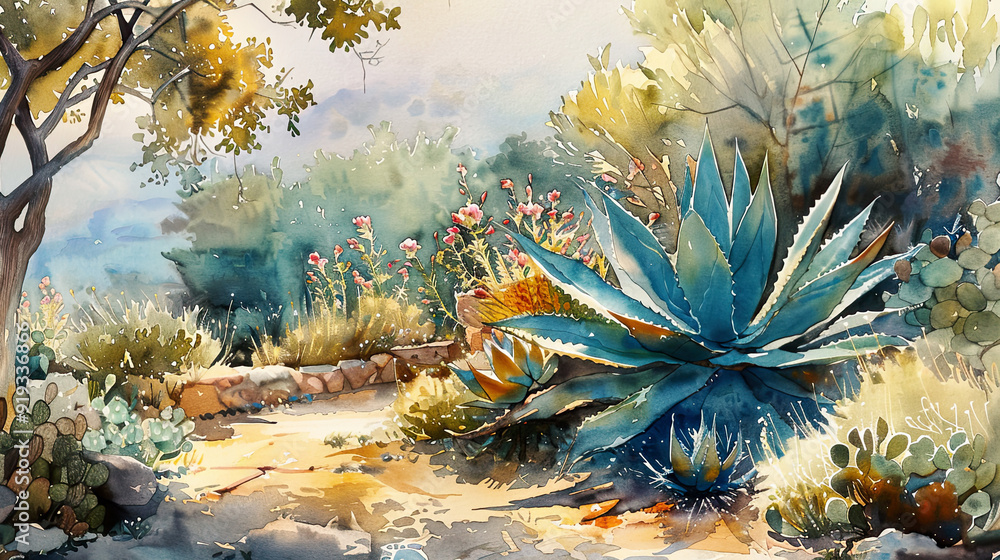 Obraz premium Detailed watercolor of a desert garden, agave plants, desert flowers, soft morning mist ,Ultra-High Detail, Ultra-Realistic