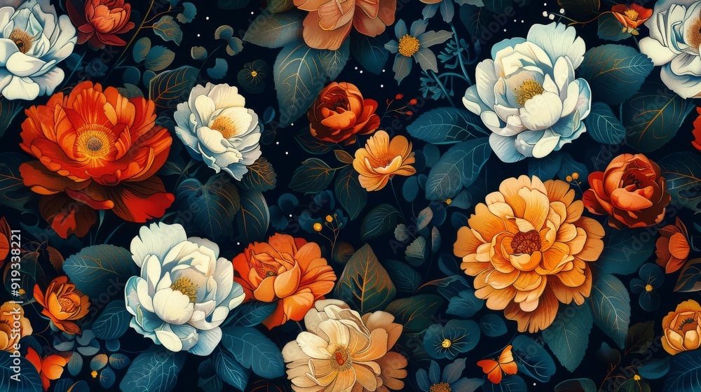 Floral Tapestry with Dark and Golden Hues Floral Tapestry with Dark and Golden Hues