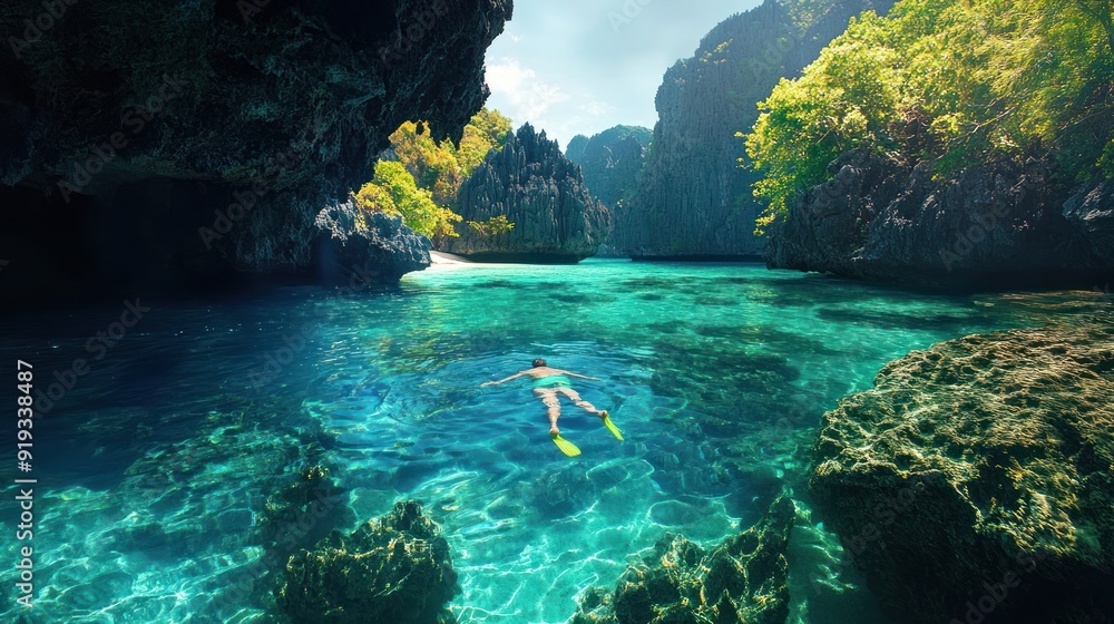 A man swims while enjoying the stunning views of rock formations and clear water A man swims while enjoying the stunning views of rock formations and clear water