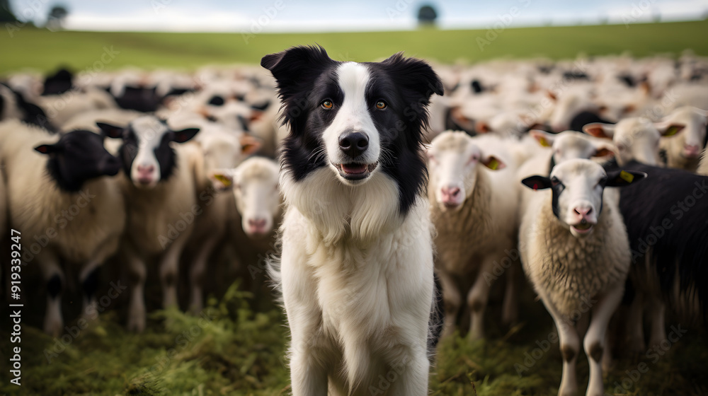 border collie guarding sheep, dog in front, farm animal illustration border collie guarding sheep, dog in front, farm animal illustration
