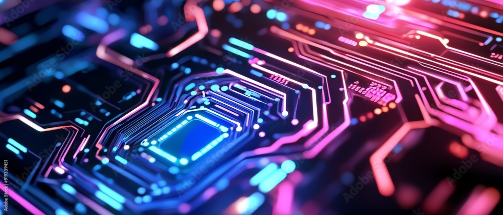 Vibrant close-up of a futuristic circuit board, showcasing intricate patterns and luminous colors in technology and innovation. Vibrant close-up of a futuristic circuit board, showcasing intricate patterns and luminous colors in technology and innovation.