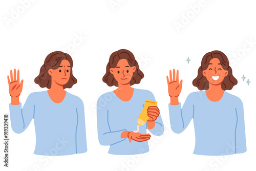 Women use hand cream to get rid of cracks in skin or to heal wound on palm. Hand cream helps skincare of young woman smiling after recovery, without going to doctor or going to clinic