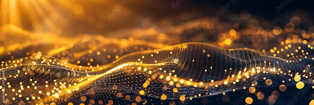Abstract technology particles in the golden range mesh background Abstract technology particles in the golden range mesh background