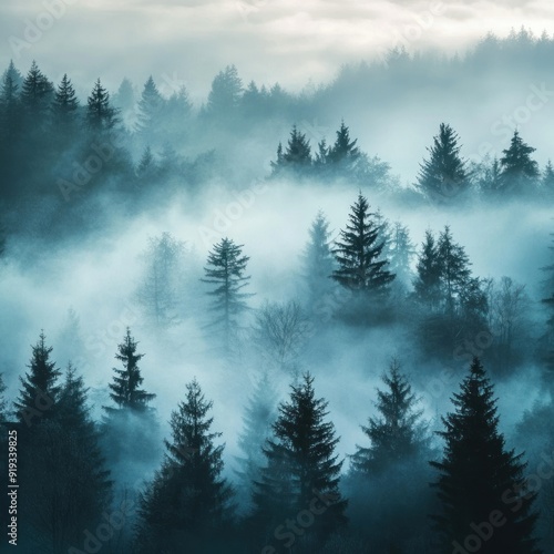 Mystical Forest with Fog and Tall Trees Wallpaper