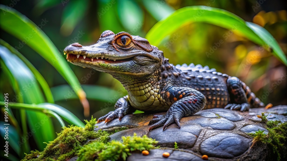 Fototapeta premium Small dwarf caiman with scaly skin and sharp teeth, resting on a rock in a misty rainforest, surrounded by lush green vegetation.