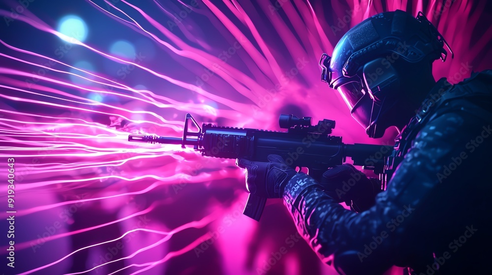 A futuristic soldier with a firearm, set against a vibrant background of dynamic light and energy trails, illustrating high-tech warfare. A futuristic soldier with a firearm, set against a vibrant background of dynamic light and energy trails, illustrating high-tech warfare.
