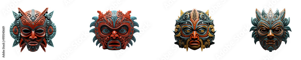 Set, collection of Tribal Mask isolated on transparent background. Set, collection of Tribal Mask isolated on transparent background.