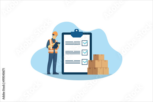 worker is checking goods and stock supply and making notes inventory management