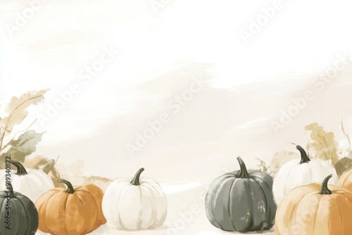 Autumn pumpkin arrangement on pastel background for seasonal decor photo