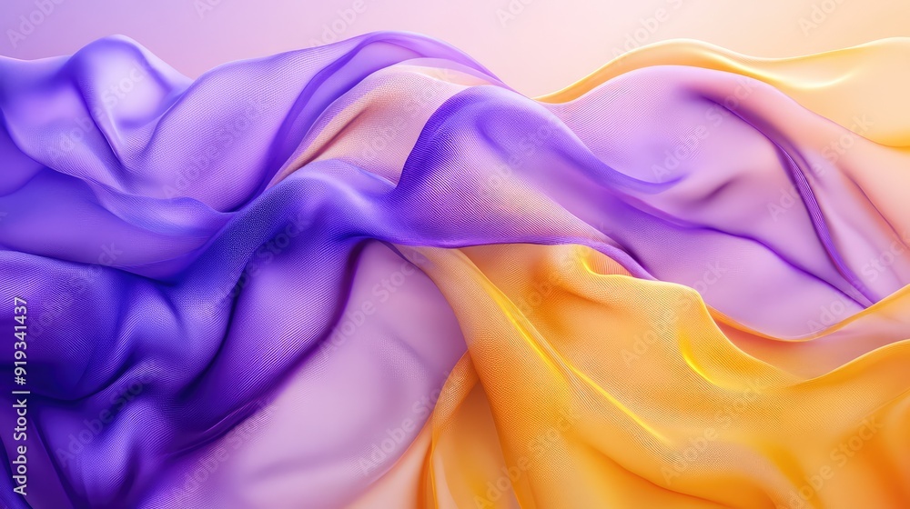 Obraz premium Purple and yellow flowing chiffon fabric texture. Bright summer banner, abstract background illustration. Ai generation