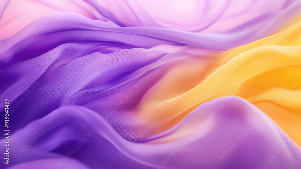 Obraz premium Purple and yellow flowing chiffon fabric texture. Bright summer banner, abstract background illustration. Ai generation