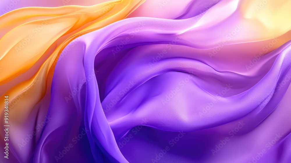 Purple and yellow flowing chiffon fabric texture. Bright summer banner, abstract background illustration. Ai generation Purple and yellow flowing chiffon fabric texture. Bright summer banner, abstract background illustration. Ai generation