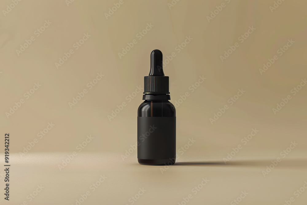 Essential black oil bottle with dropper on neutral background Essential black oil bottle with dropper on neutral background