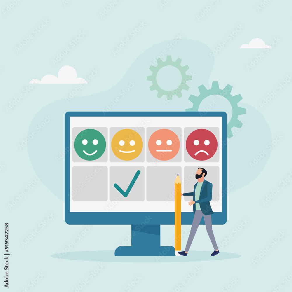 Mood concept. Emotions are scaled on a computer screen. Excellent, good and normal, bad and terrible. Vector illustration. Mood concept. Emotions are scaled on a computer screen. Excellent, good and normal, bad and terrible. Vector illustration.