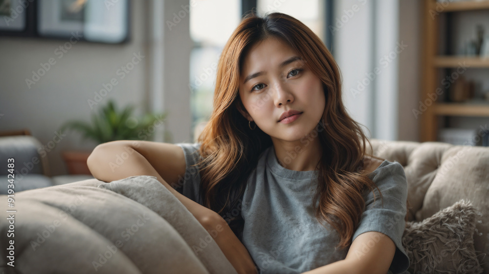 Giovane donna di origini asiatiche si rilassa sul divano di casa Giovane donna di origini asiatiche si rilassa sul divano di casa