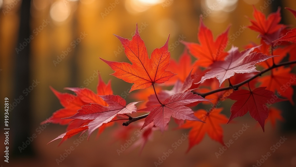 A branch adorned with red maple leaves against a blurred autumn forest background, highlighting the vivid colors and tranquil atmosphere of fall. A branch adorned with red maple leaves against a blurred autumn forest background, highlighting the vivid colors and tranquil atmosphere of fall.