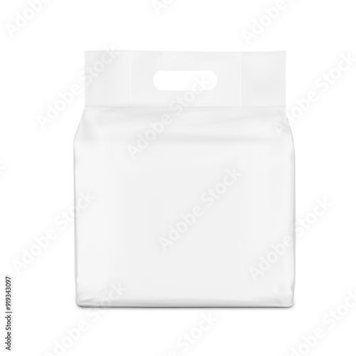 Realistic stand bag with hole handle mockup. Half side view. Vector illustration isolated on white background. Ready for your design. Suite for the presentation of diaper, wet wipes. EPS10.