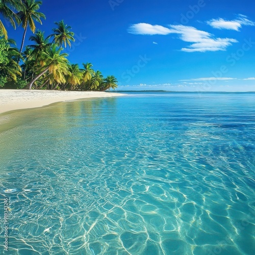 Tropical Beach with Crystal Clear Water and Palm Trees Wallpaper