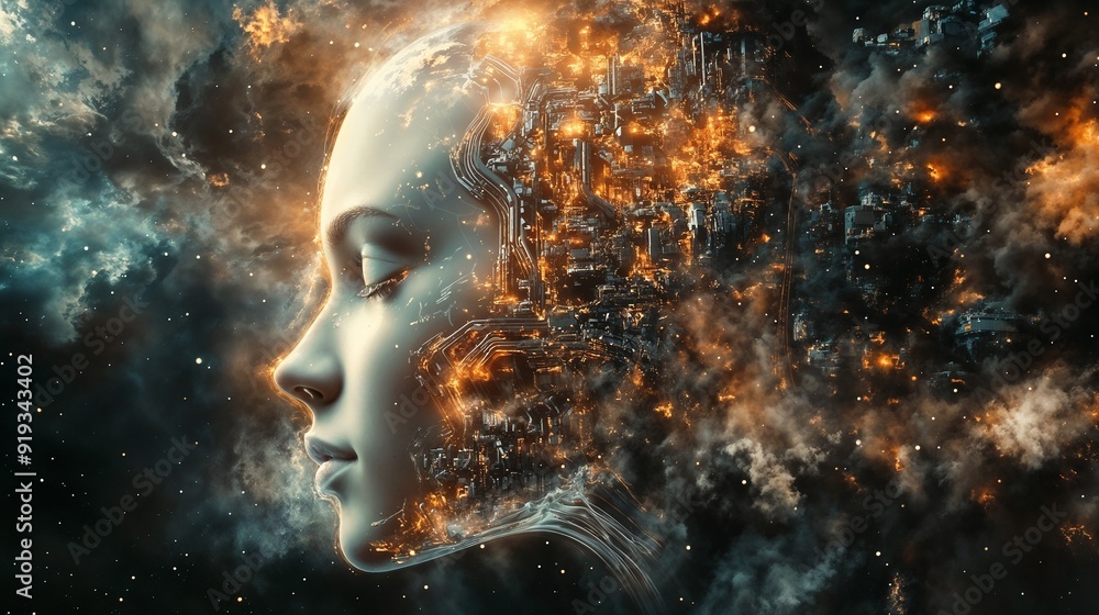 An Ethereal Portrait Blending Intriguingly Both Human and Cosmic Elements Harmoniously Together An Ethereal Portrait Blending Intriguingly Both Human and Cosmic Elements Harmoniously Together