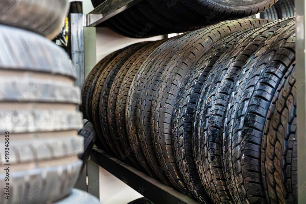 Used Tires Stacked on a Shelf in a Garage Used Tires Stacked on a Shelf in a Garage