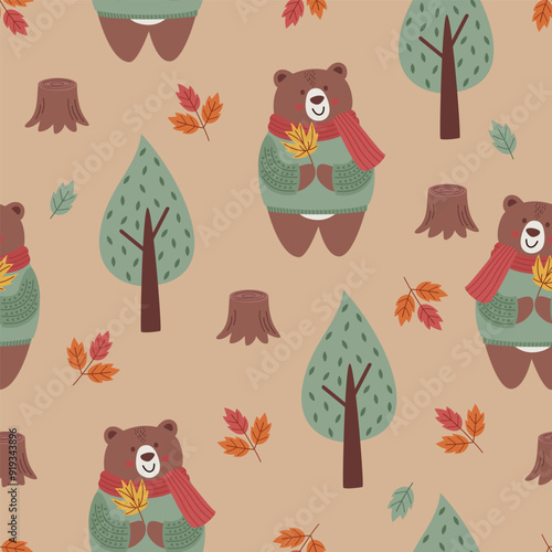 seamless pattern with cute autumn bear and tree