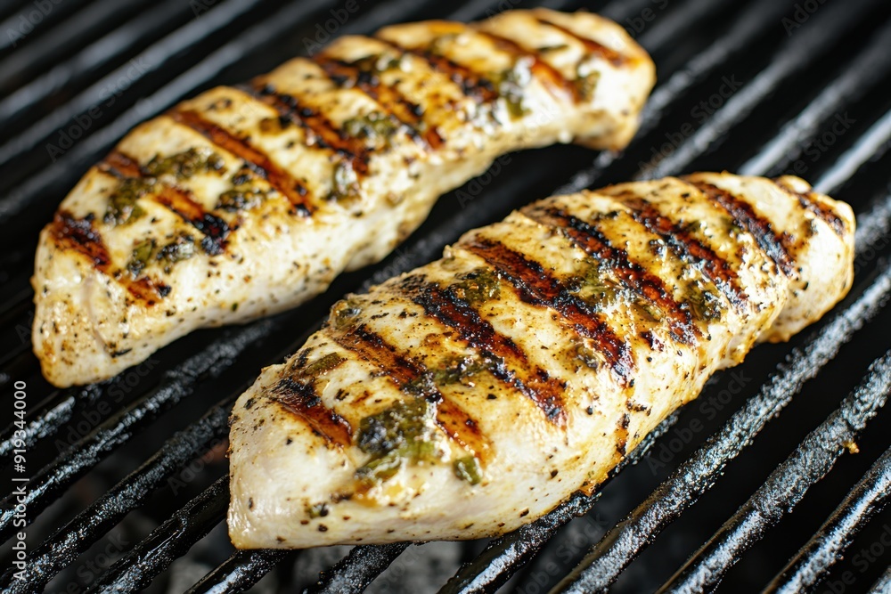 Juicy grilled chicken breast on barbecue Juicy grilled chicken breast on barbecue