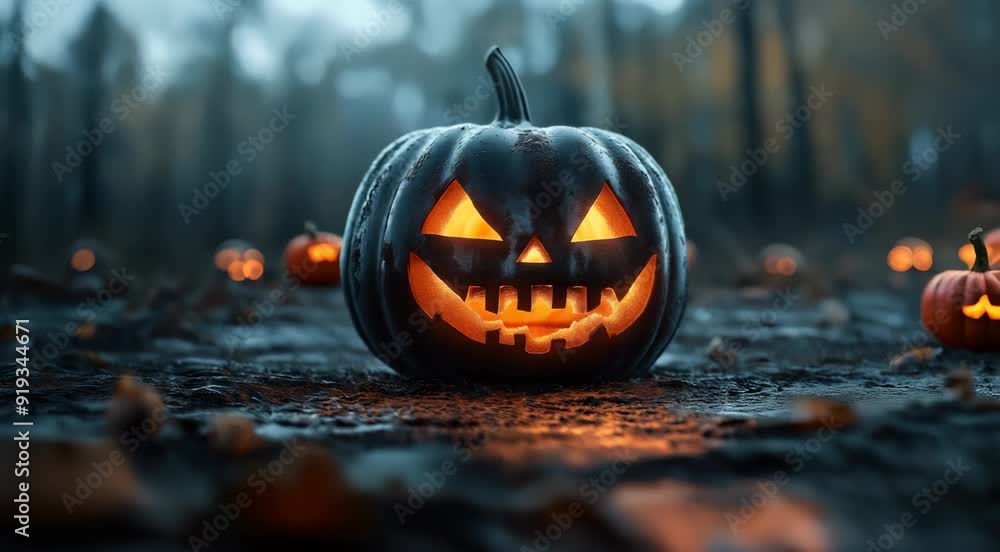 A glowing Jack-o'-lantern with a carved face, set in a dark, misty forest with several other faintly glowing pumpkins in the background. A glowing Jack-o'-lantern with a carved face, set in a dark, misty forest with several other faintly glowing pumpkins in the background.