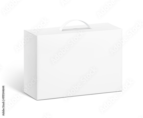 Carrying corrugated box case with plastic handle mockup. Half view. Vector illustration isolated on white background. Ready and simple to use for your design. EPS10.	