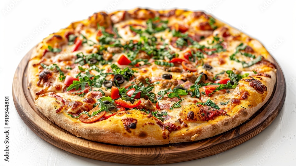 Cheesy pizza with a mix of meats and vegetables, served on a rustic wooden plate against a clean white backdrop Cheesy pizza with a mix of meats and vegetables, served on a rustic wooden plate against a clean white backdrop