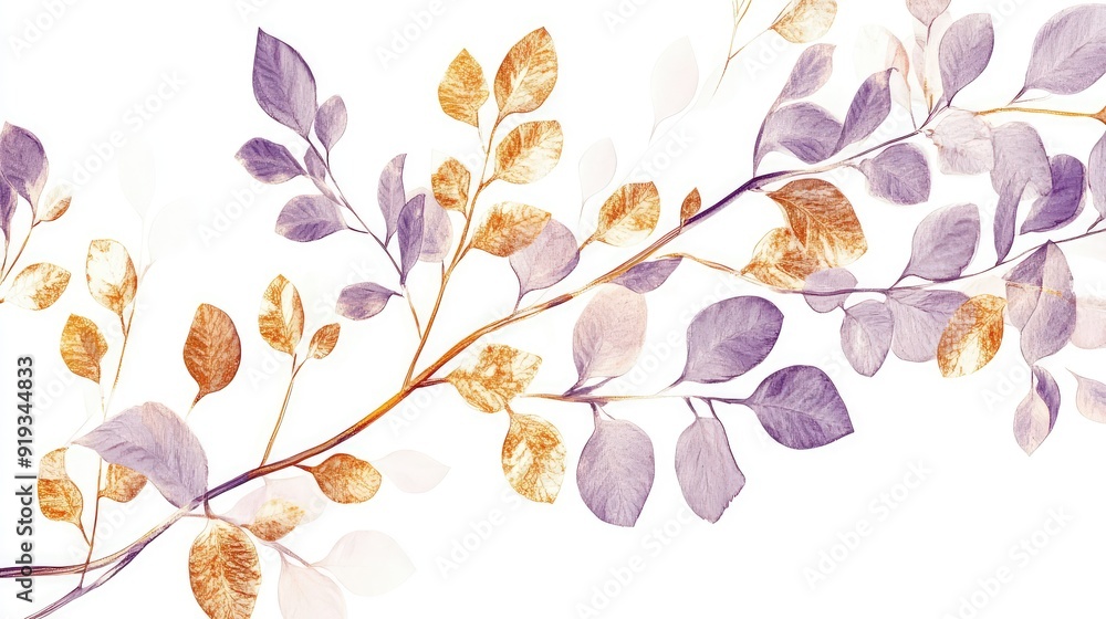 Handmade oil painting of lavender branches with golden leaves on white background. Ai generation Handmade oil painting of lavender branches with golden leaves on white background. Ai generation