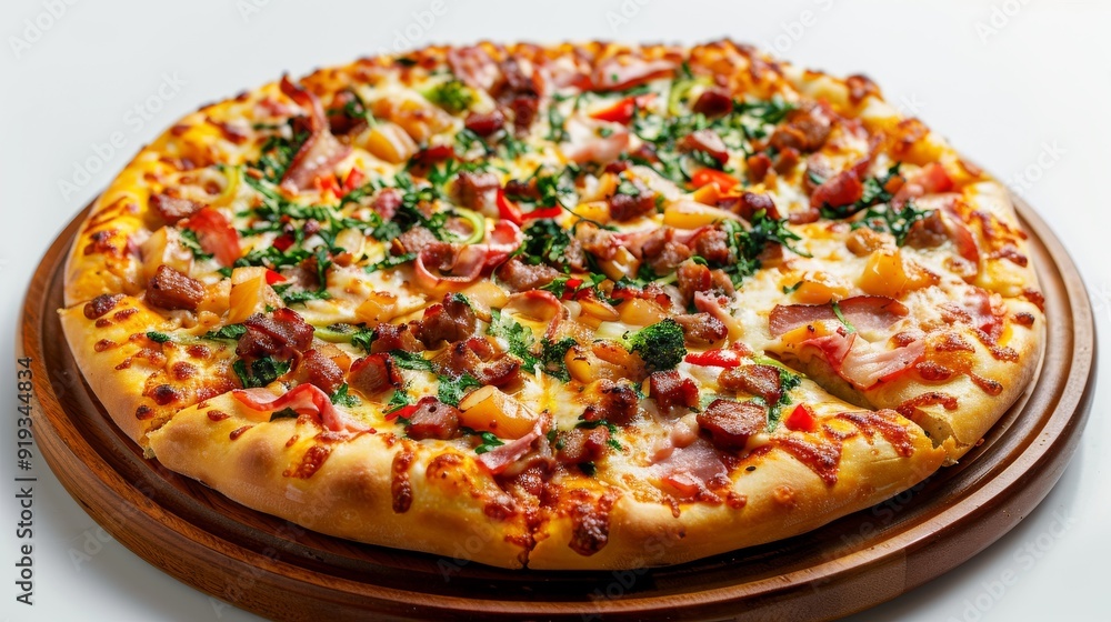 Cheesy pizza with a mix of meats and vegetables, served on a rustic wooden plate against a clean white backdrop Cheesy pizza with a mix of meats and vegetables, served on a rustic wooden plate against a clean white backdrop