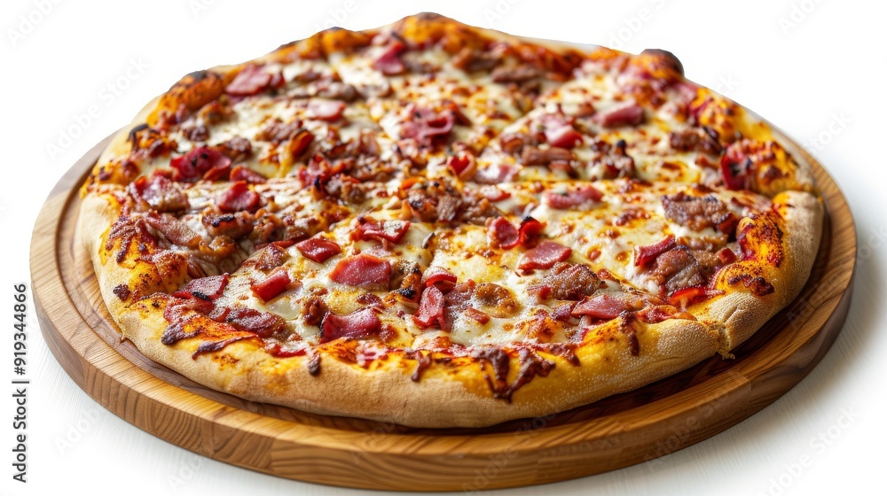 Cheesy pizza with a mix of meats and vegetables, served on a rustic wooden plate against a clean white backdrop Cheesy pizza with a mix of meats and vegetables, served on a rustic wooden plate against a clean white backdrop