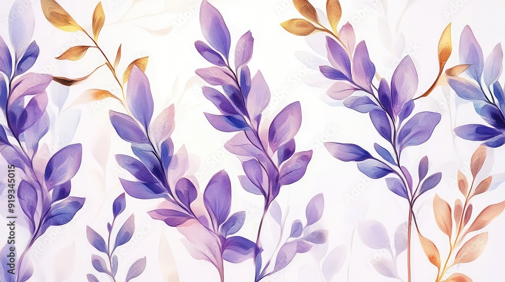 Handmade oil painting of lavender branches with golden leaves on white background. Ai generation Handmade oil painting of lavender branches with golden leaves on white background. Ai generation