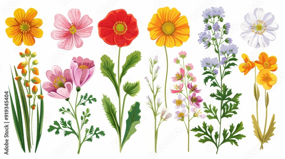 Collection of detailed spring flower elements with bright colors and delicate foliage, ideal for Easter Collection of detailed spring flower elements with bright colors and delicate foliage, ideal for Easter