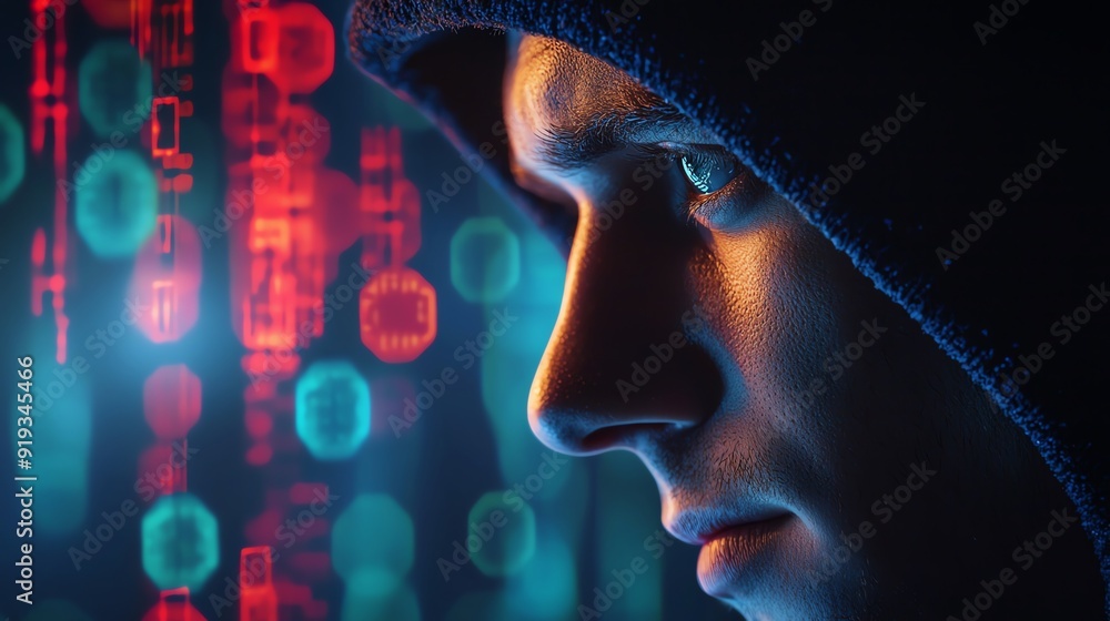 A focused individual in a hooded cloak, immersed in a digital world filled with vibrant data streams and coding elements. A focused individual in a hooded cloak, immersed in a digital world filled with vibrant data streams and coding elements.