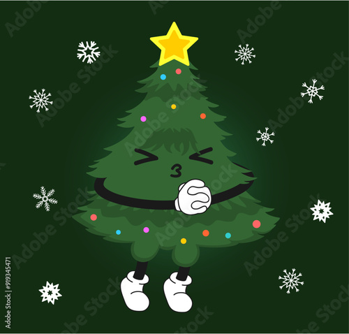 Lovely Christmas tree character is dreaming about a kiss