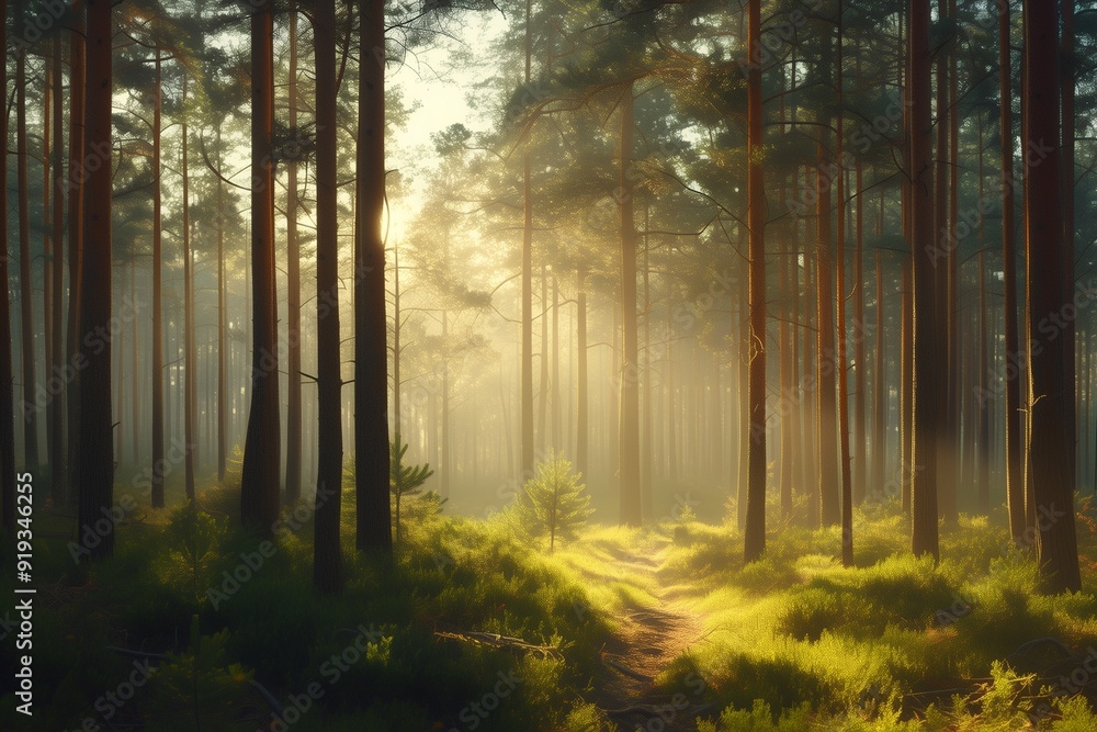 The sun through the pine forest at sunrise The sun through the pine forest at sunrise