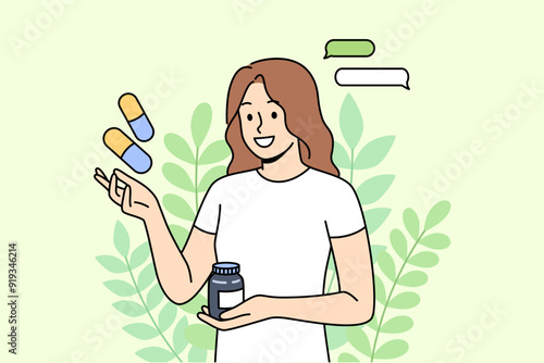 Dietary supplements and vitamins from organic herbs in hands of woman standing near plants. Dietary supplements to improve immunity and preventive fight against dangerous viruses or infections