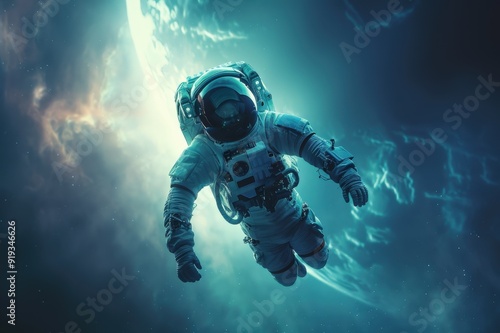 Astronaut in a Field of Asteroids - astronaut, space, astroid, stars, universe, galaxy, cosmic, floating, blue, gray. Beautiful simple AI generated image