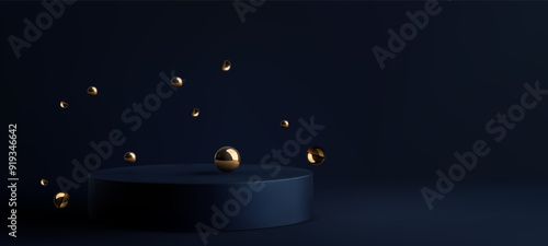 Minimalist scene with floating golden spheres. Dark, elegant podium surrounded by floating golden spheres on deep blue background ideal for luxury product presentations and high-end design projects.