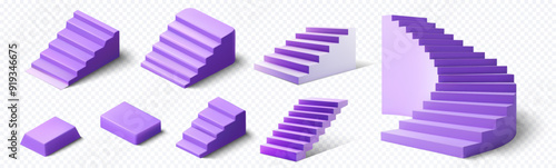 A collection of various purple staircases in different shapes and sizes displayed on a transparent background ideal for architectural and design visualizations. Purple stair shapes.