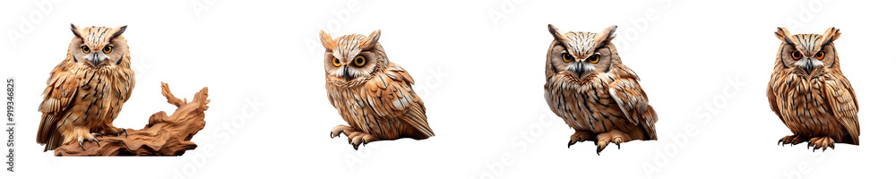 Obraz premium Set, collection of Wooden Owl isolated on transparent background.