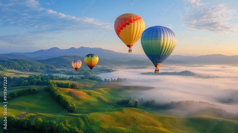 Obraz premium Hot air balloons drifting over a serene countryside at dawn, with fog gently rolling over the fields